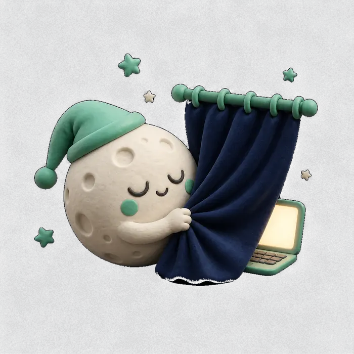 A sleeping moon in a nightcap pulling a curtain across a laptop