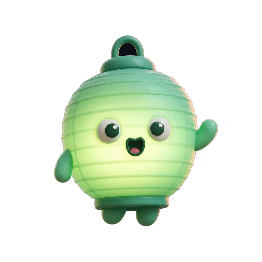 Lumi, the glowing green paper lantern that is the Farhand mascot, waving