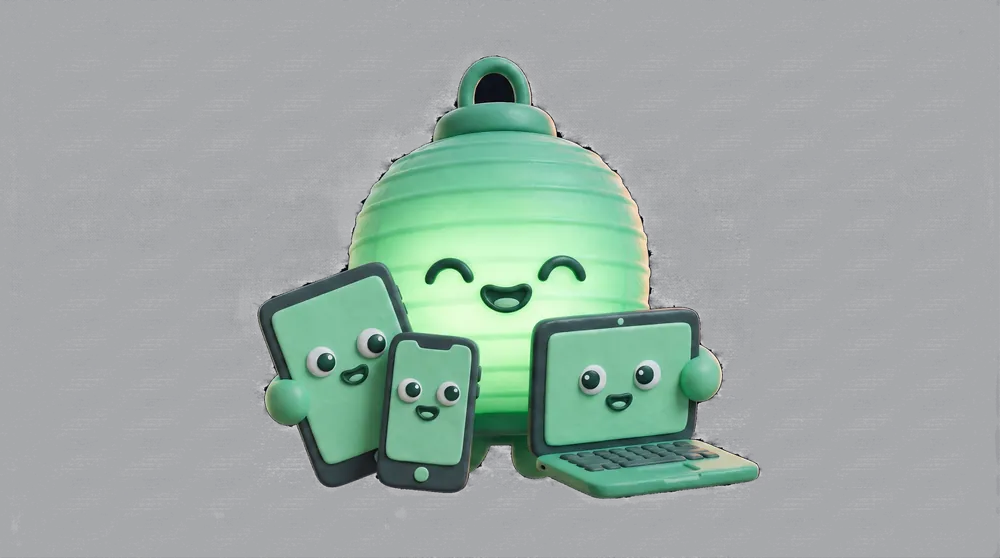 Lumi surrounded by a phone, a tablet and a laptop, all with faces