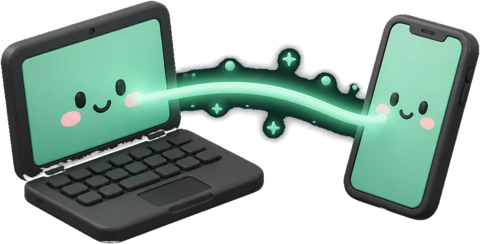 A laptop and a phone linked by a glowing green arc