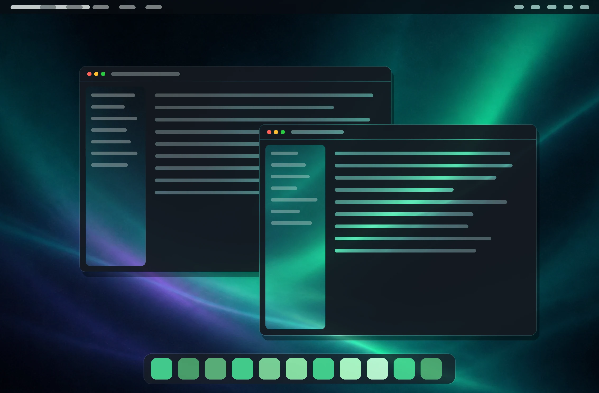 An iPad mini and an iPhone side by side, both showing the same Mac desktop over an aurora wallpaper